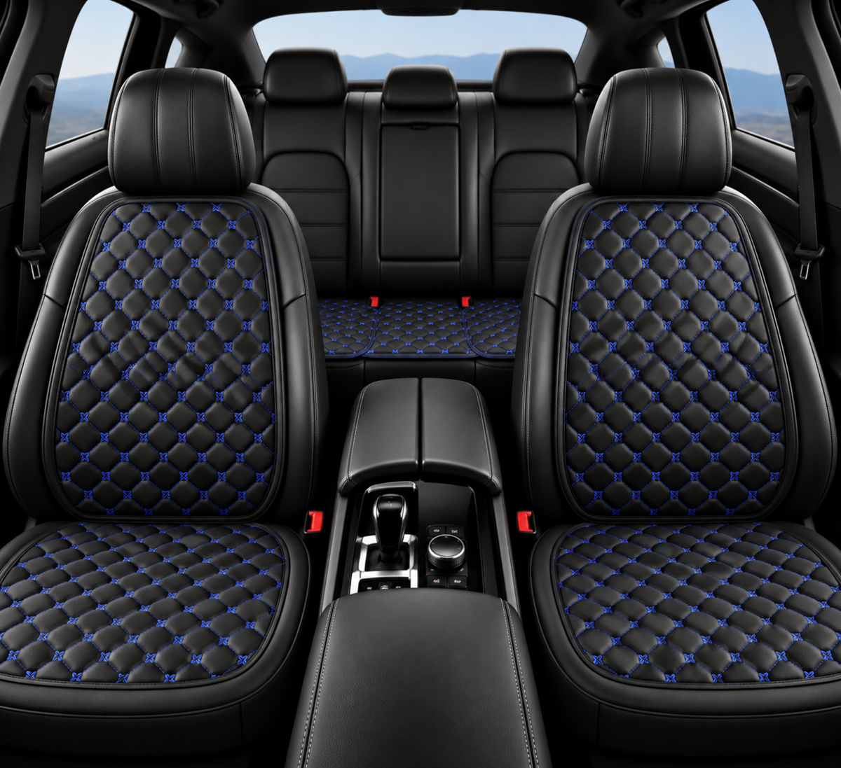 Housse de siège voiture cuir matelassé - Broderie bleue, sièges avant et arrière