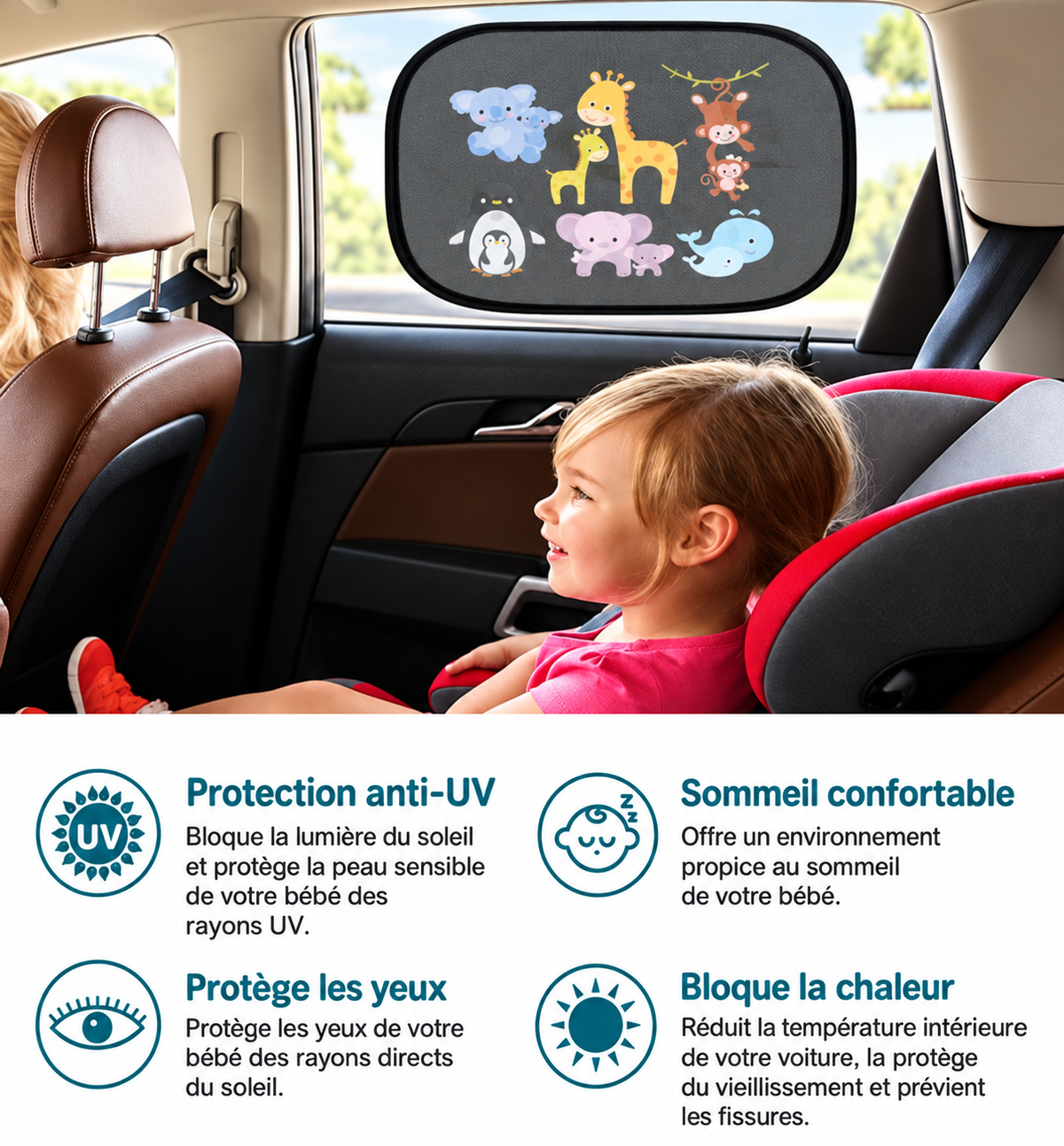 Pare-Soleil Voiture Enfant — Fenêtre Arrière Motifs Animaux