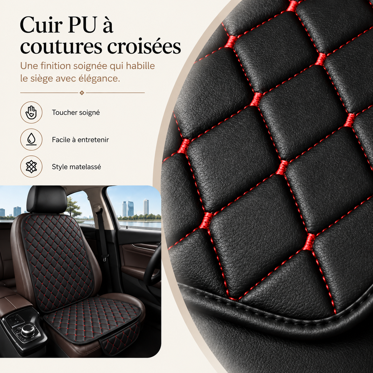 Housse de Siège Voiture Cuir Matelassé — Coutures Croisées