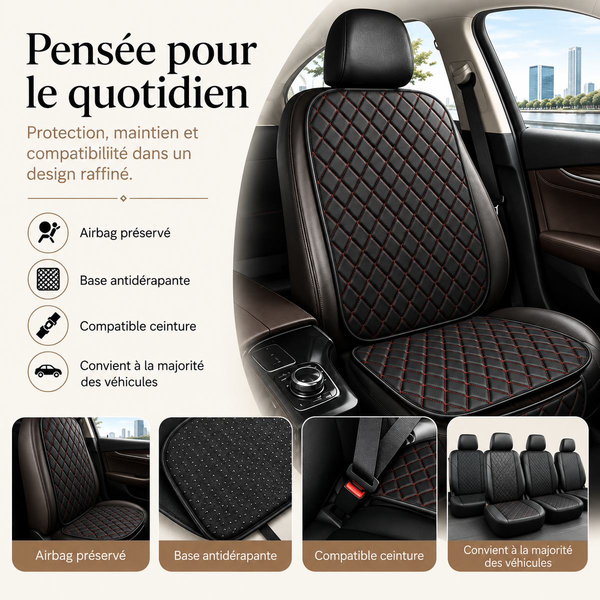 Housse de Siège Voiture Cuir Matelassé — Coutures Croisées