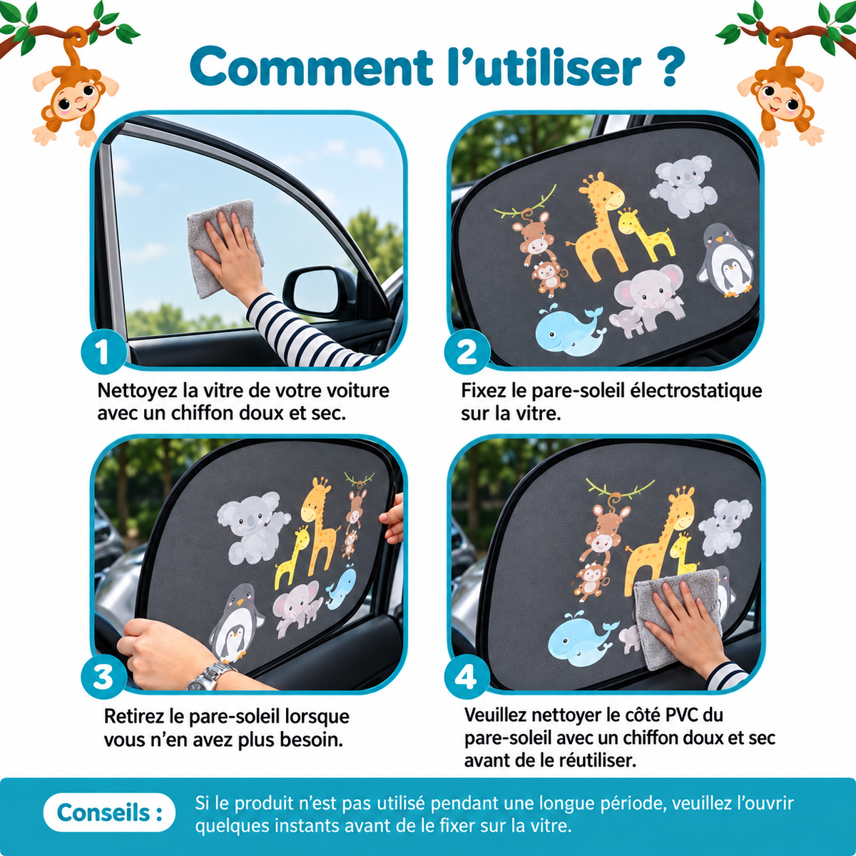 Pare-Soleil Voiture Enfant — Fenêtre Arrière Motifs Animaux