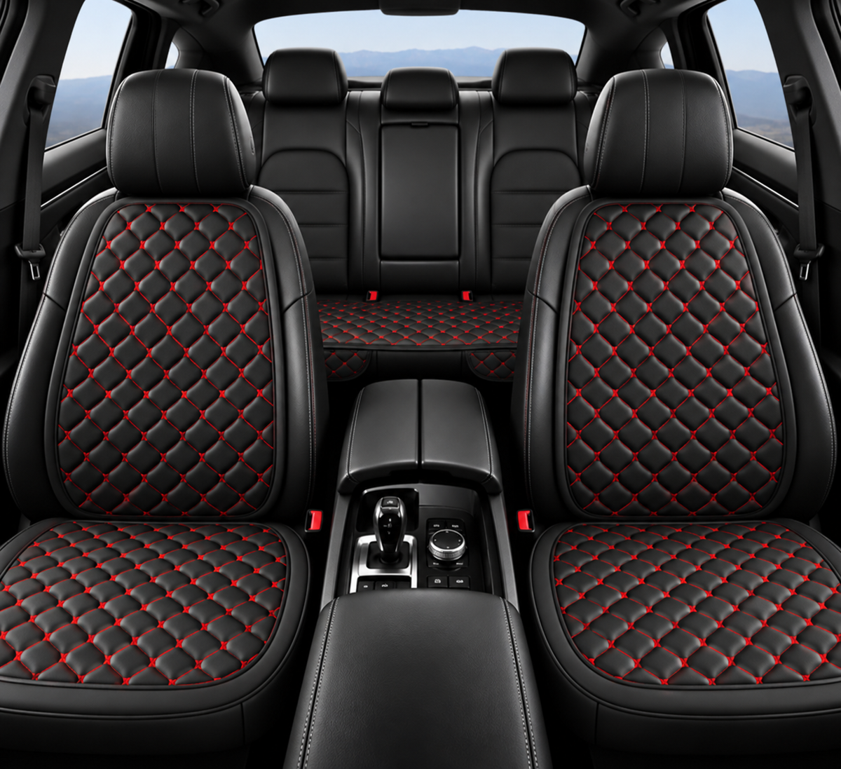 Housse de siège voiture cuir matelassé - Broderie rouge, sièges avant et arrière