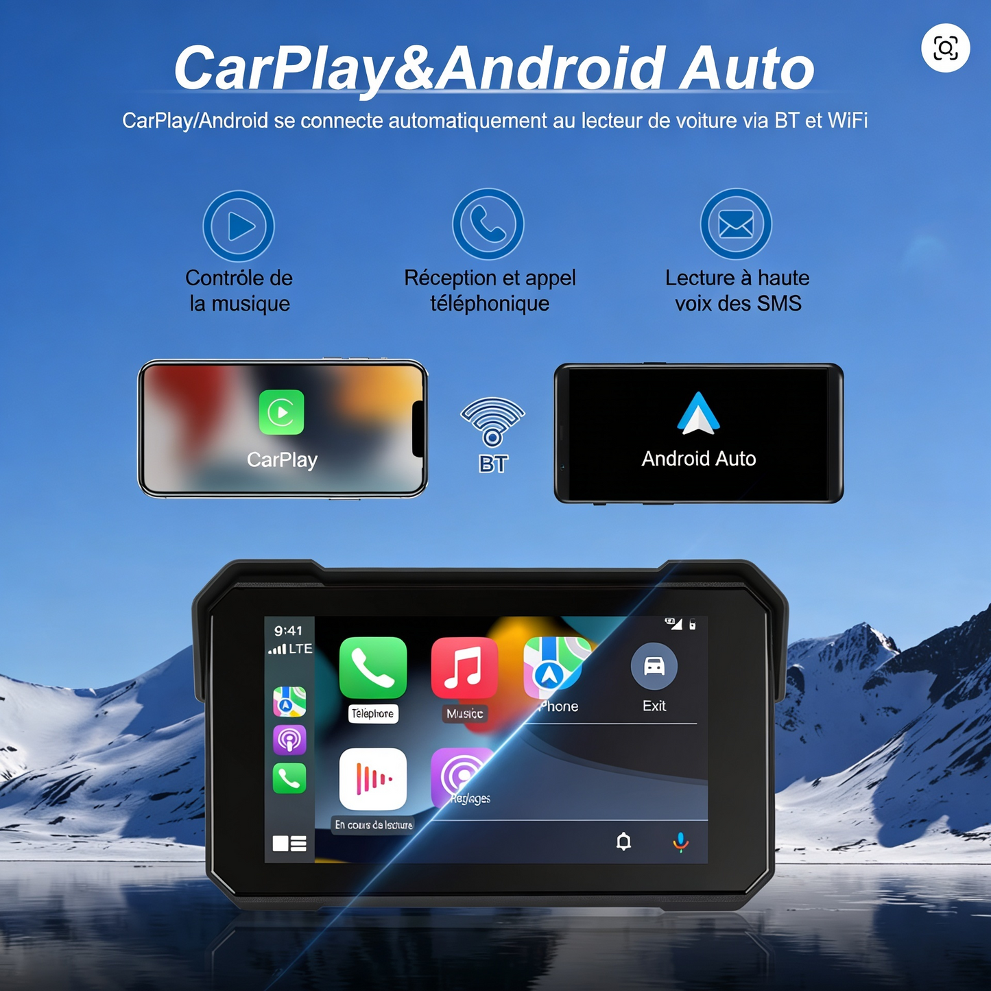 Écran 5 pouces HD+ compatible CarPlay & Android pour Moto